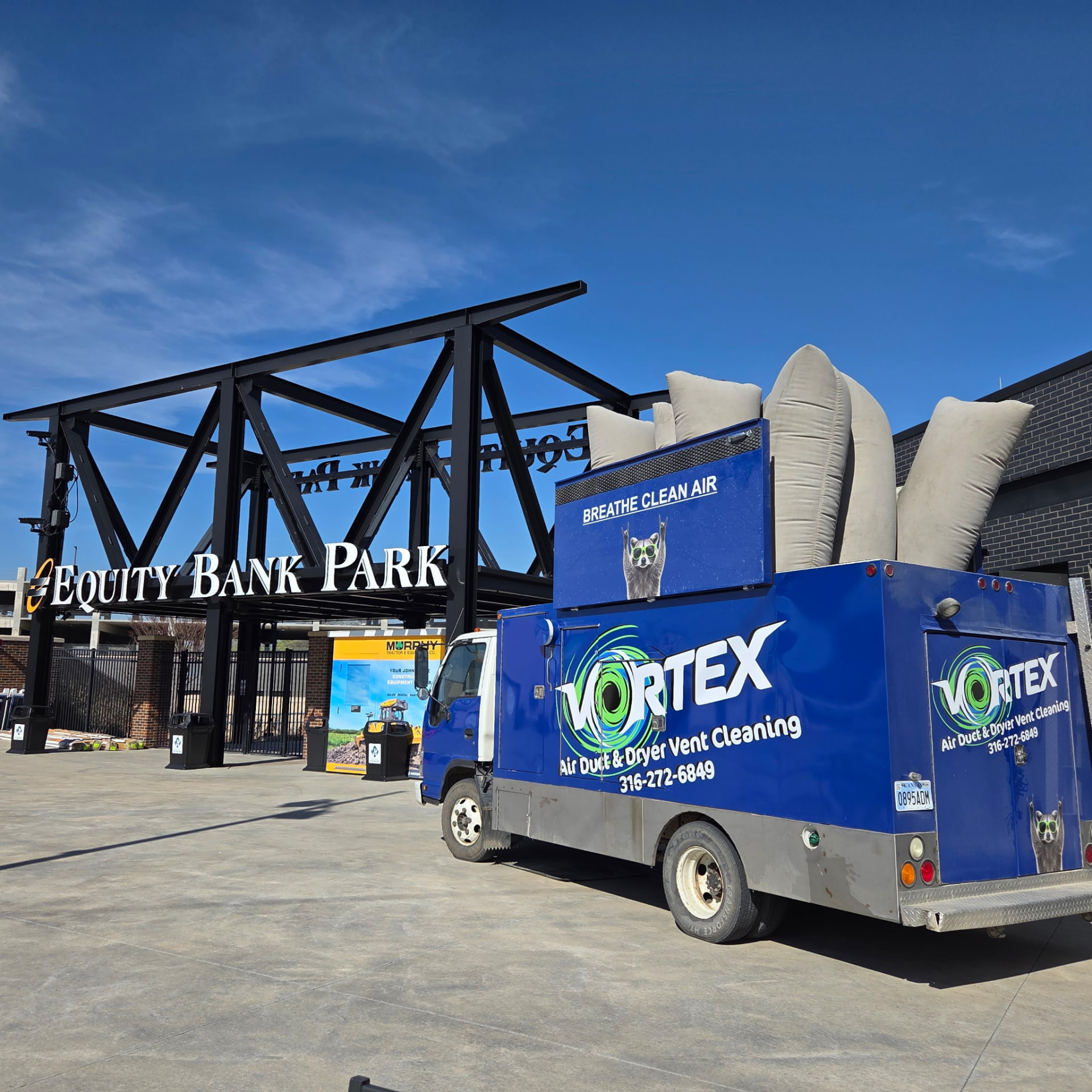 Vortex truck-mounted air duct cleaning system parked at a job site in Wichita, Kansas