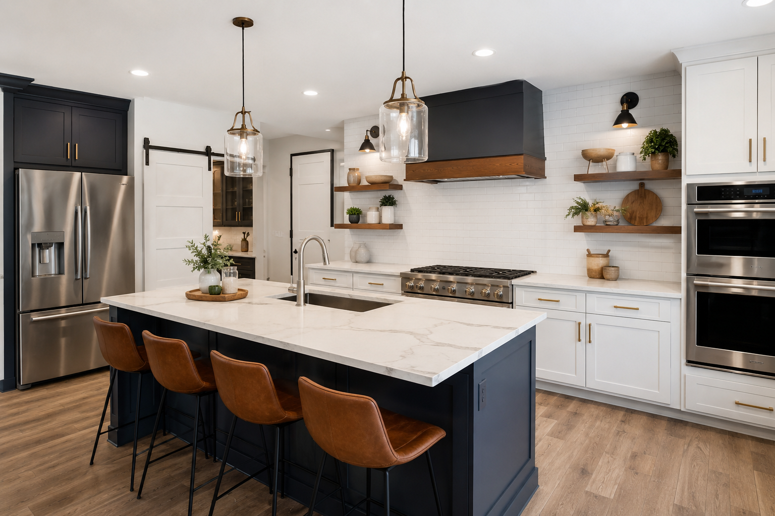 Modern farmhouse kitchen with navy island, white quartz waterfall countertop, leather bar stools, brass pendant lighting, and open wood shelving