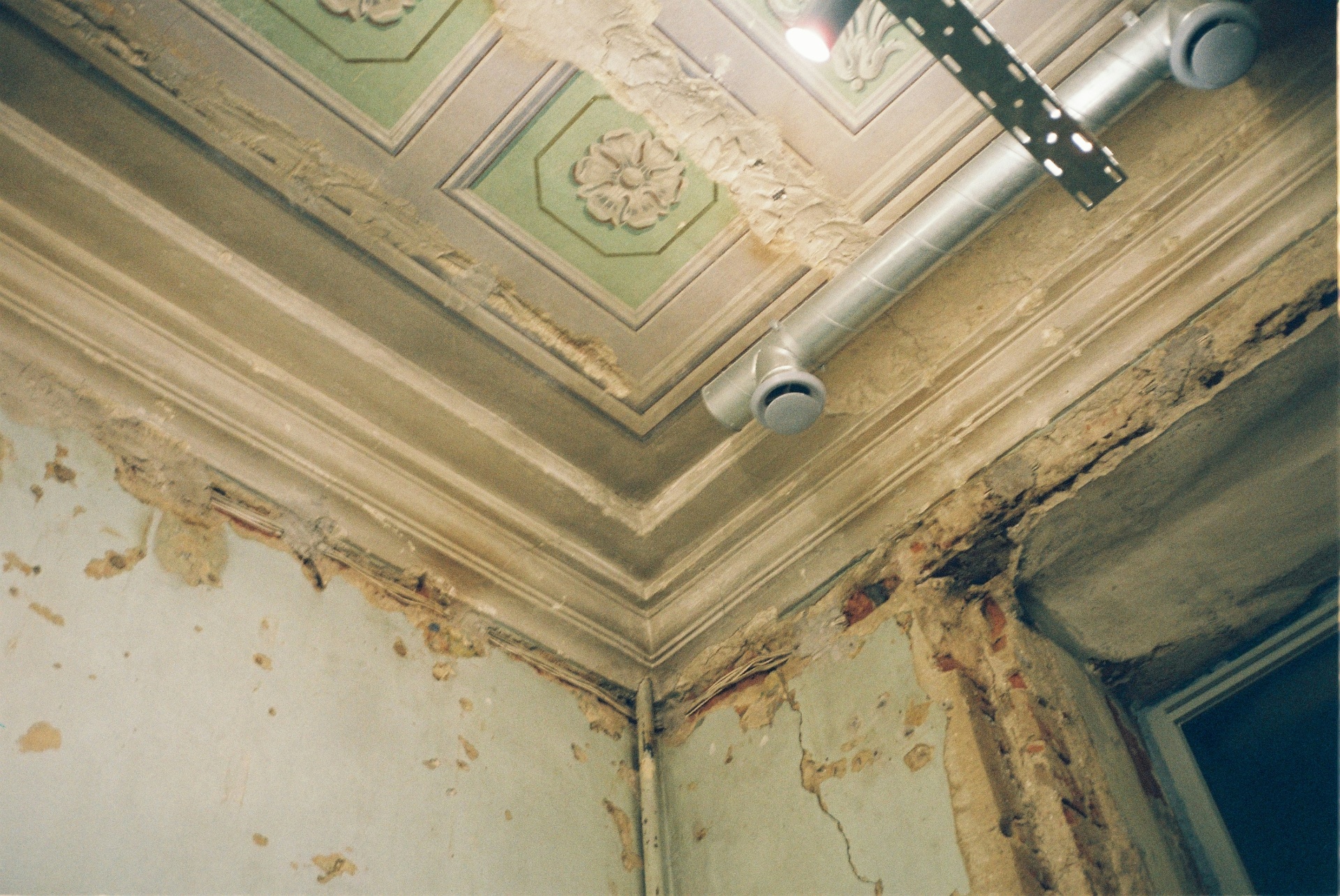 Water damaged ceiling with peeling plaster showing where mold comes from