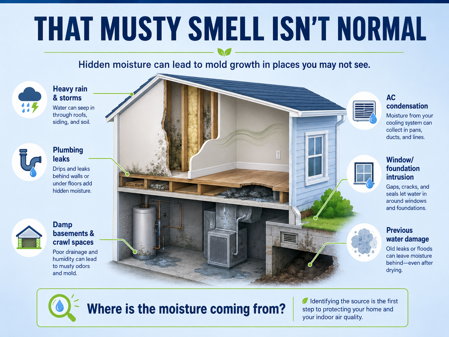 Cutaway illustration of a home showing common hidden moisture sources: heavy rain and storms, plumbing leaks, damp basements and crawl spaces, AC condensation, window and foundation intrusion, and previous water damage