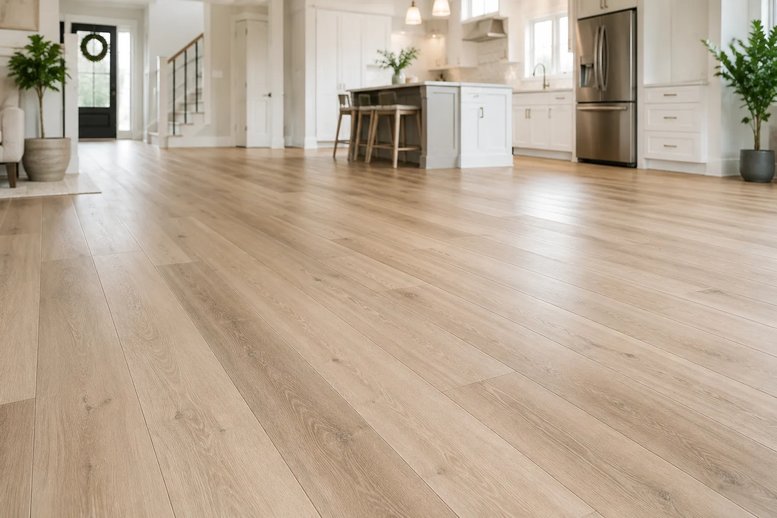 Wide-plank light oak luxury vinyl plank flooring in an open-concept Wichita kitchen with white cabinets, island seating, and stainless refrigerator