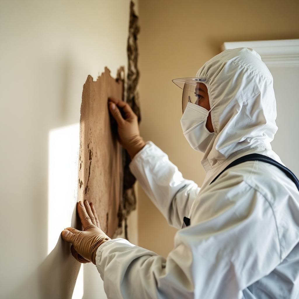 Vortex mold and disaster remediation technician inspecting a water-damaged wall inside a Wichita, Kansas home