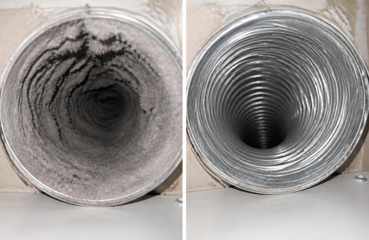 Side by side comparison of a dryer vent packed with heavy lint buildup next to a clean, clear dryer vent