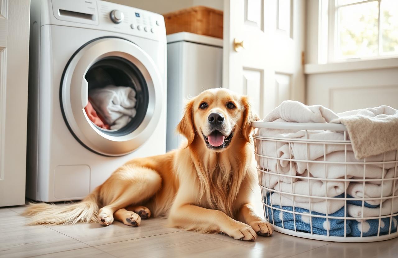 Golden retriever resting beside a laundry basket of towels next to a clothes dryer in a bright home laundry room